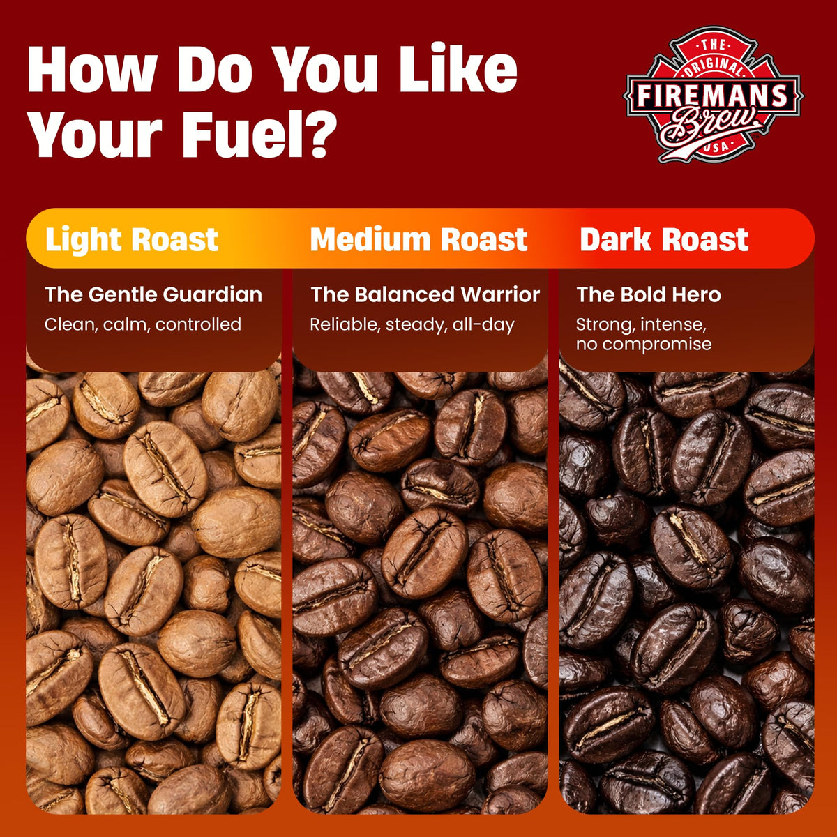 Firemans Brew Dark Roast roasted beans reveal depth and uniform color.