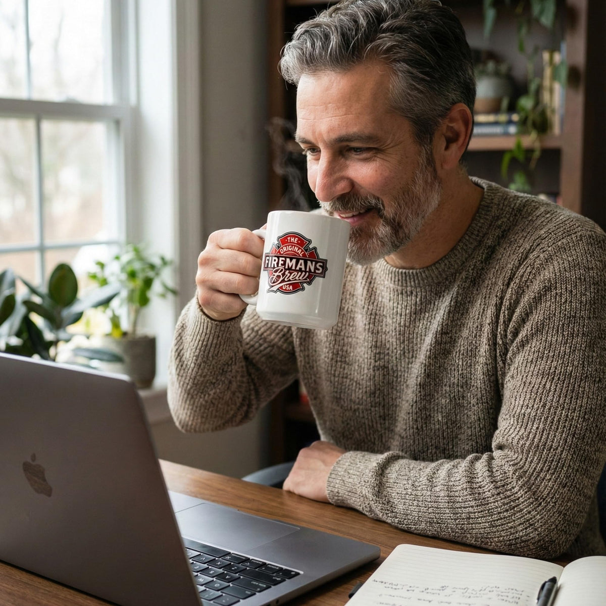 Firemans Brew Dark Roast steaming cup evokes morning vitality.
