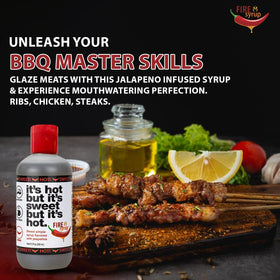 Fire Syrup bottle glaze on meat creates a glossy jalapeño glaze