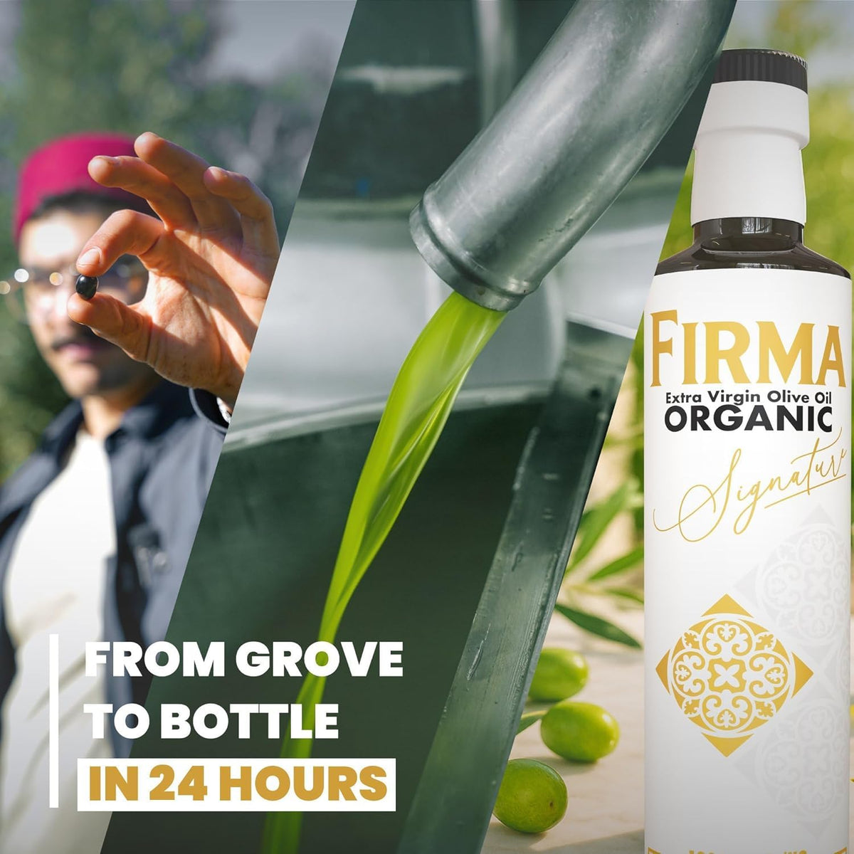 Firma Signature salad drizzle on greens, showcasing a bold finishing touch.
