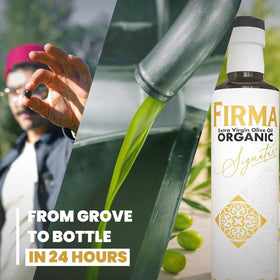Firma Signature salad drizzle on greens, showcasing a bold finishing touch.