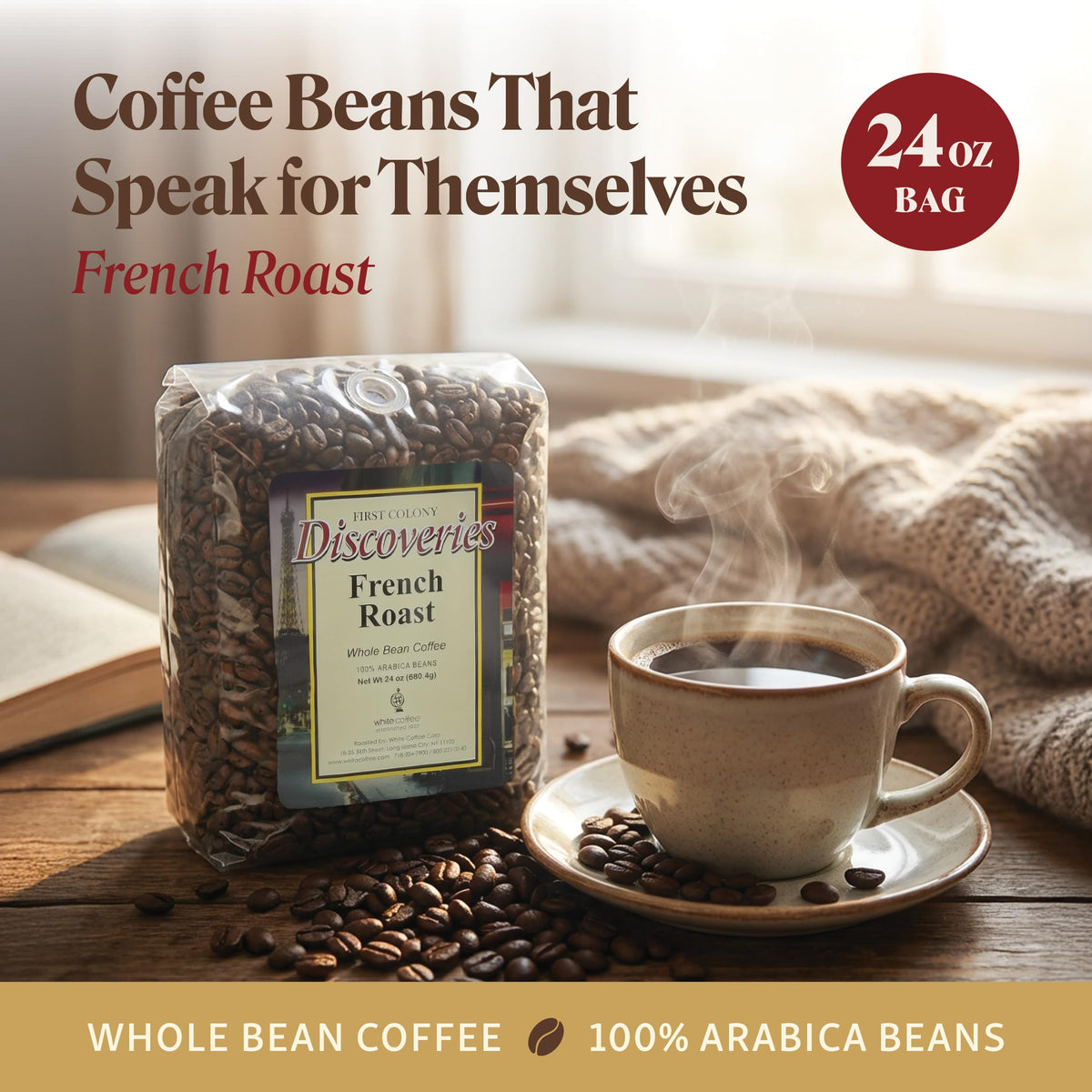 First Colony whole beans ready to grind, preserving flavor oils for a bold, customizable cup.