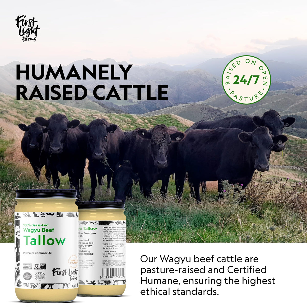 First Light Wagyu Tallow kitchen shelf signals versatile, clean-eating cooking oil choice.