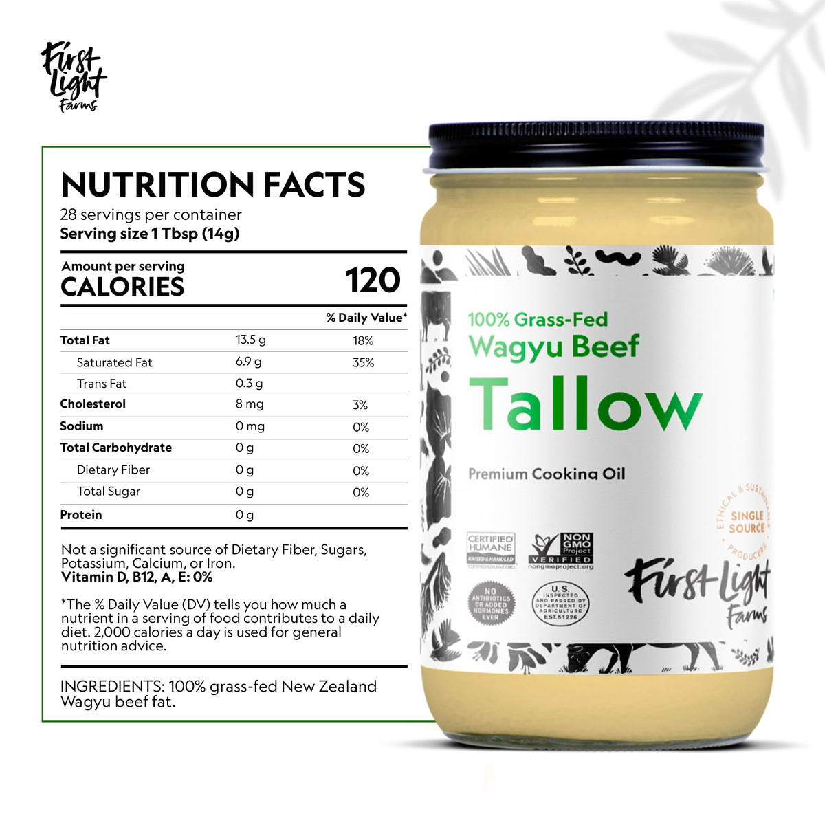 First Light Wagyu Tallow label closeup highlights grass-fed, hormone-free quality.