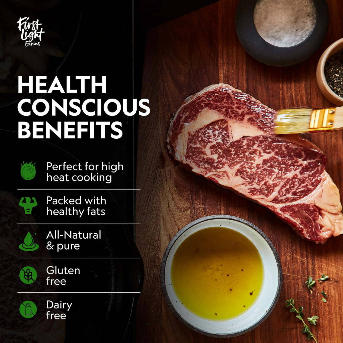 First Light Wagyu Tallow melted glow captures luxurious texture for sautéing and baking.