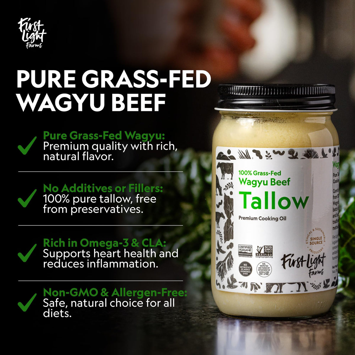 First Light Wagyu Tallow pantry storage shows convenient gluten-free, dairy-free cooking essential.