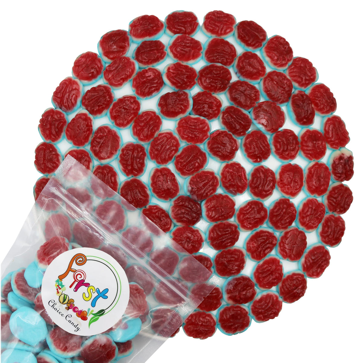 FirstChoiceCandy brain-shaped gummies close-up highlighting soft, chewy texture for satisfying bite.