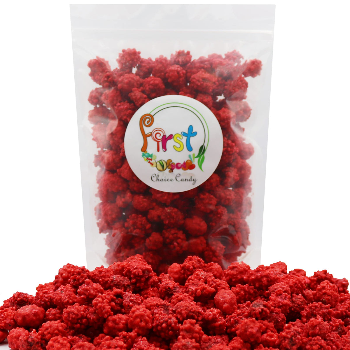 FirstChoiceCandy French Burnt Peanuts closeup reveals crunchy red coating and roasted peanuts for snacking