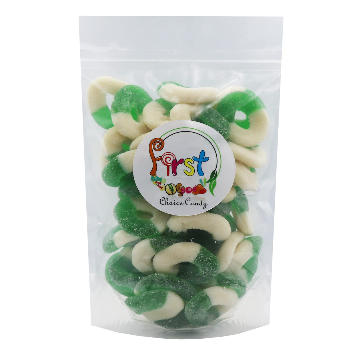 Gummy rings worn on a finger for playful tasting with FirstChoiceCandy