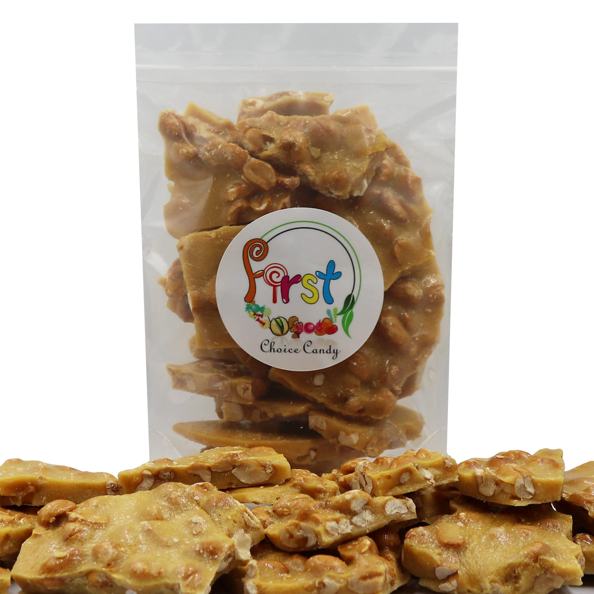 FirstChoiceCandy home-made style brittle displayed in a glossy slice, ideal for sharing.