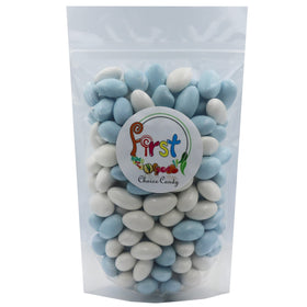FirstChoiceCandy Jordan Almonds blue and white shells add decorative appeal for parties.