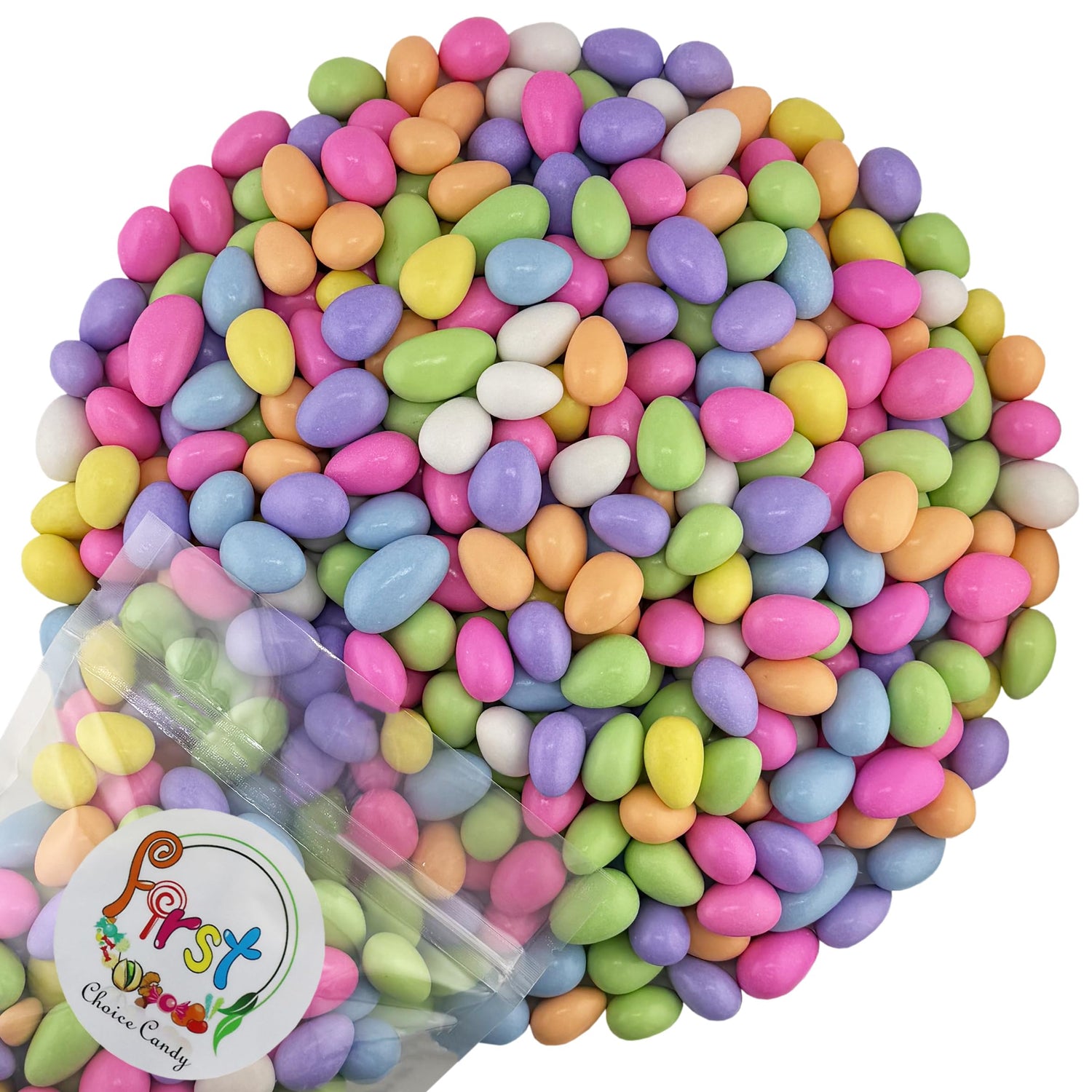 FirstChoiceCandy Jordan Almonds pastel colors in a wedding display, ideal for favors.