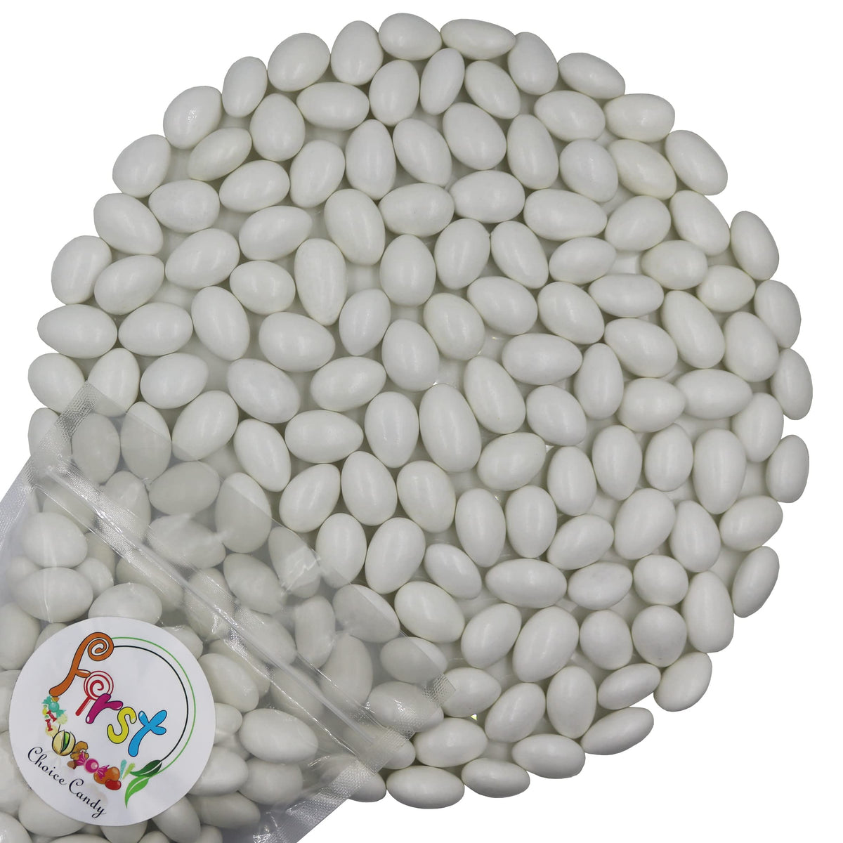 FirstChoiceCandy Jordan almonds with white candy shell on packaging, ideal for gifts.