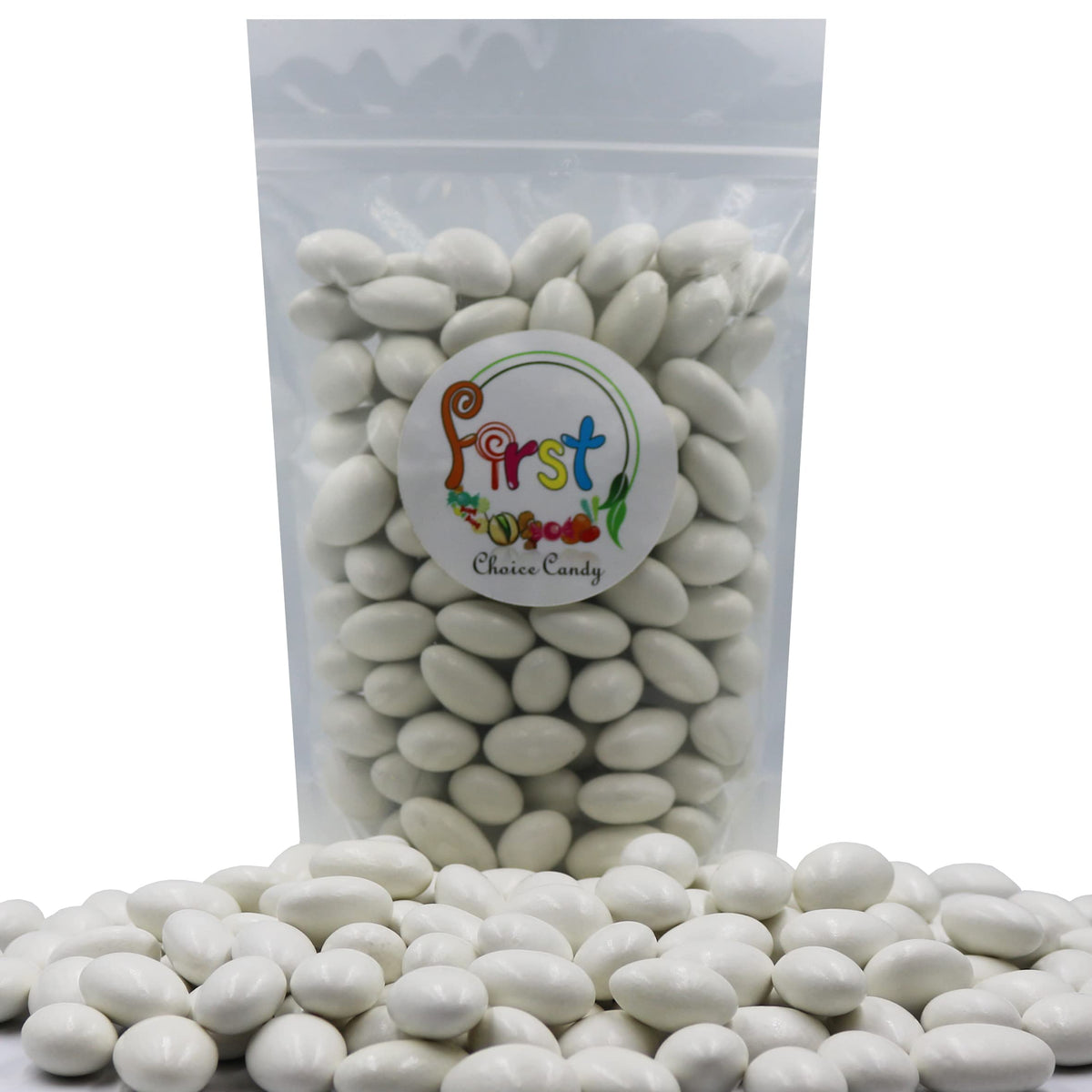FirstChoiceCandy Jordan almonds in white shell close-up, showcasing crisp coating and crunch.