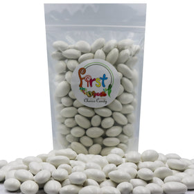 FirstChoiceCandy Jordan almonds in white shell close-up, showcasing crisp coating and crunch.
