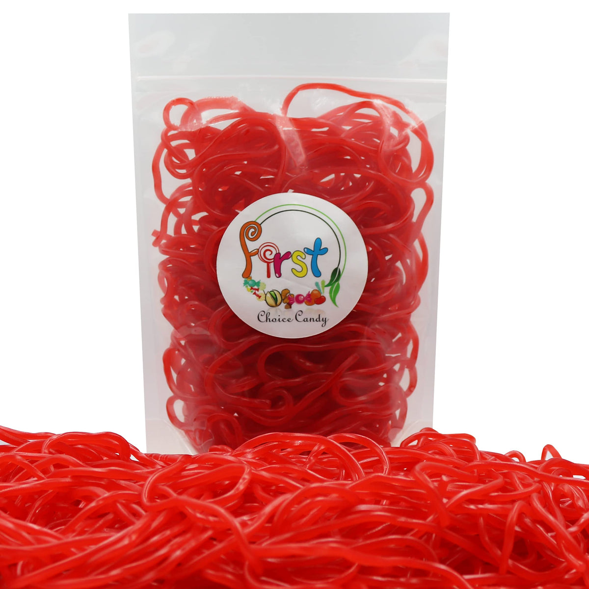 Closeup of FirstChoiceCandy licorice laces, red strawberry strands, chewy texture for snacking