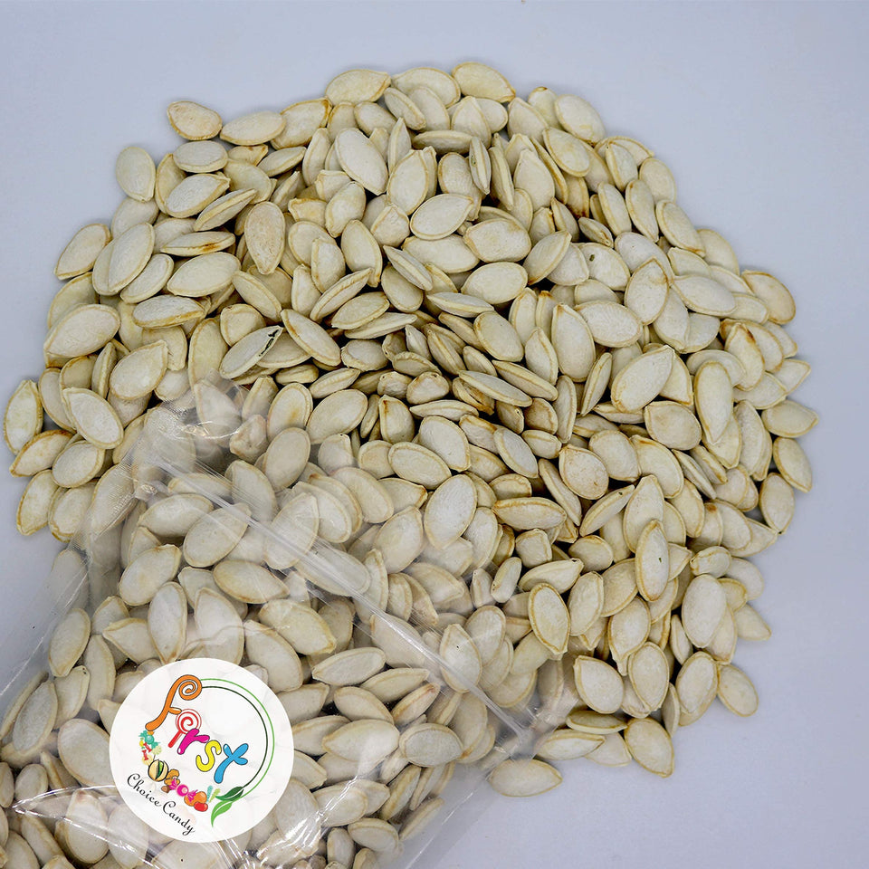 FirstChoiceCandy roasted salted pumpkin seeds in shell, a 2 lb bag for on-the-go snacking.