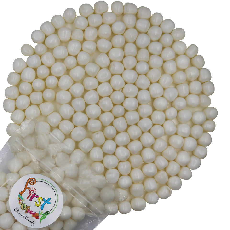 FirstChoiceCandy Sour Chewy Fruit Balls White Pina Colada close-up shows chewy texture, ideal party snack.