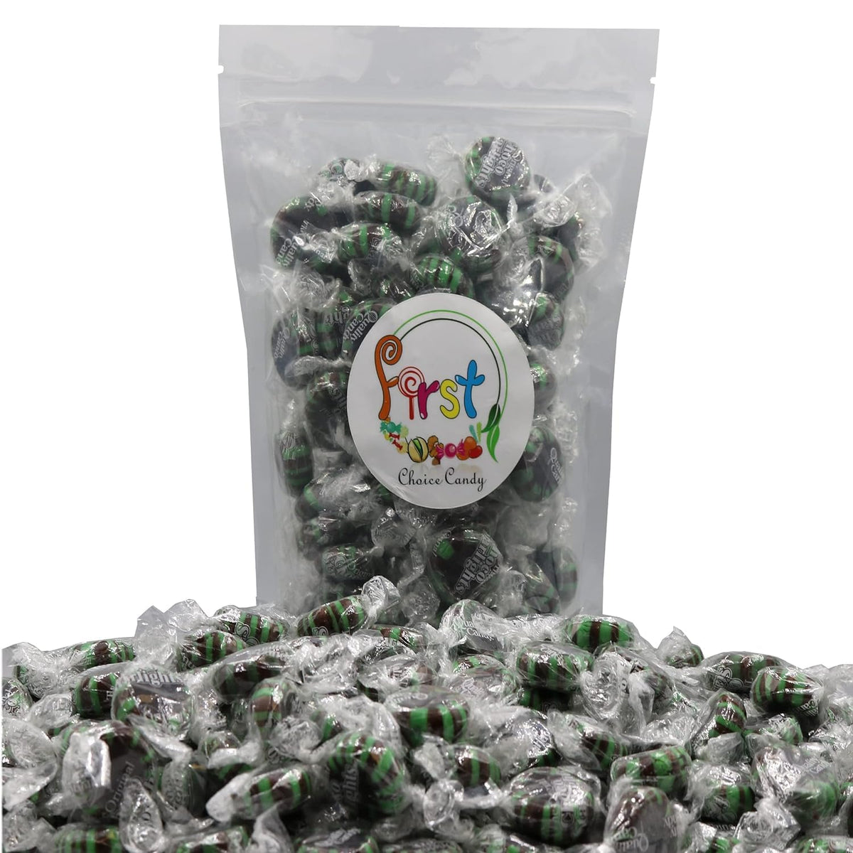 FirstChoiceCandy Starlight Mint Disc, close-up stripes, starry pattern evokes festive nostalgia.