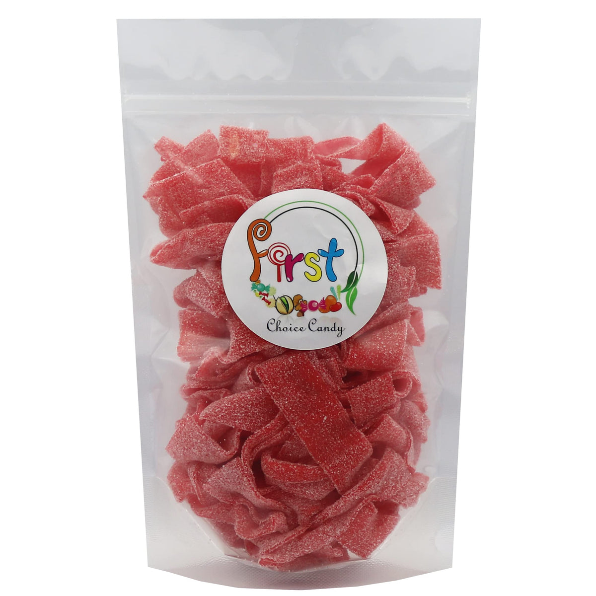 FirstChoiceCandy gummy texture close-up, tangy-sour coating on belts