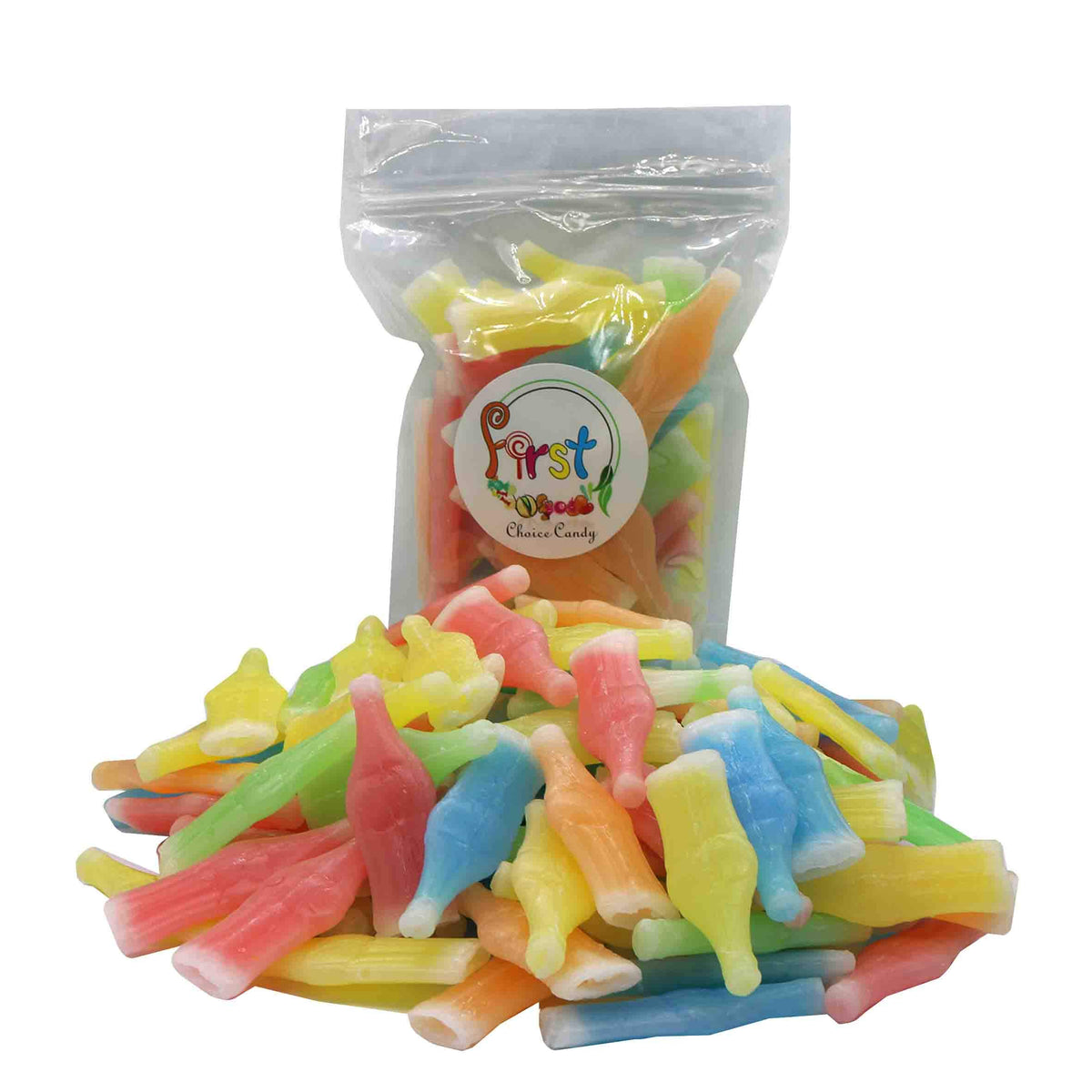 FirstChoiceCandy wax bottles liquid closeup with fruity flavors for dessert buffets.