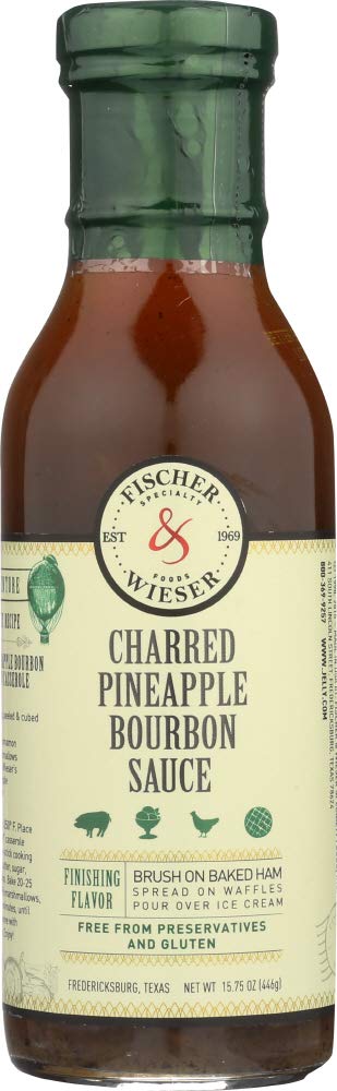 Fischer & Wieser Charred Pineapple Bourbon Sauce bottle adds tropical sweetness to grilled meats.