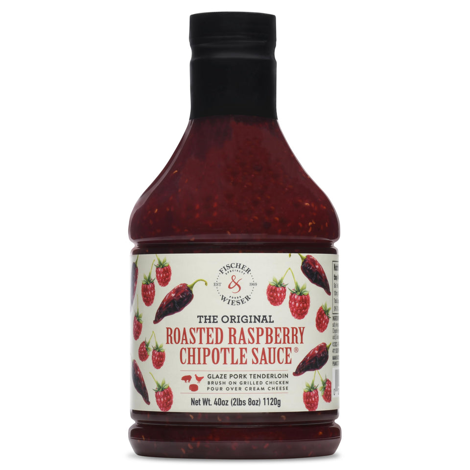 Fischer & Wieser Roasted Raspberry Chipotle sauce bottle for smoky-sweet flavor on meats and fish