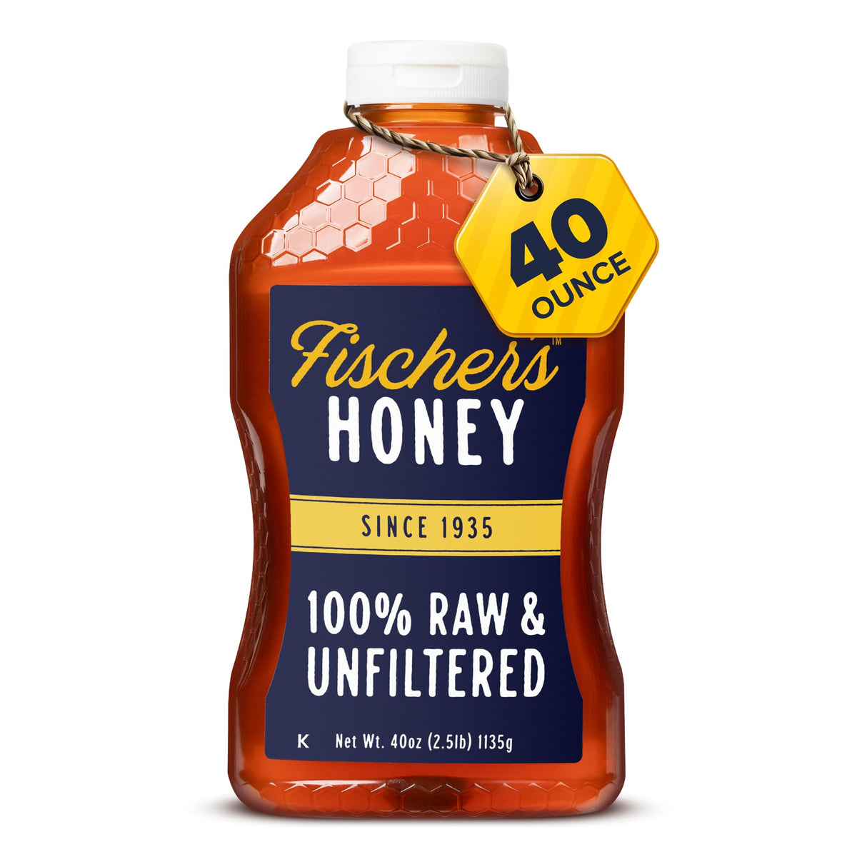 Fischer's 40 oz squeeze bottle of raw honey ready for easy drizzle