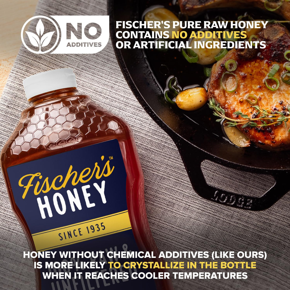Fischer's honey drizzle on pancakes for breakfast indulgence