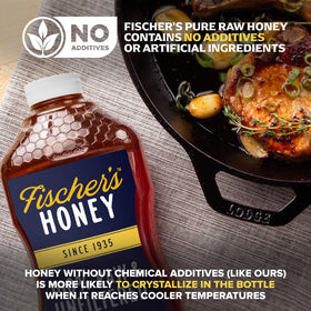 Fischer's honey drizzle on pancakes for breakfast indulgence