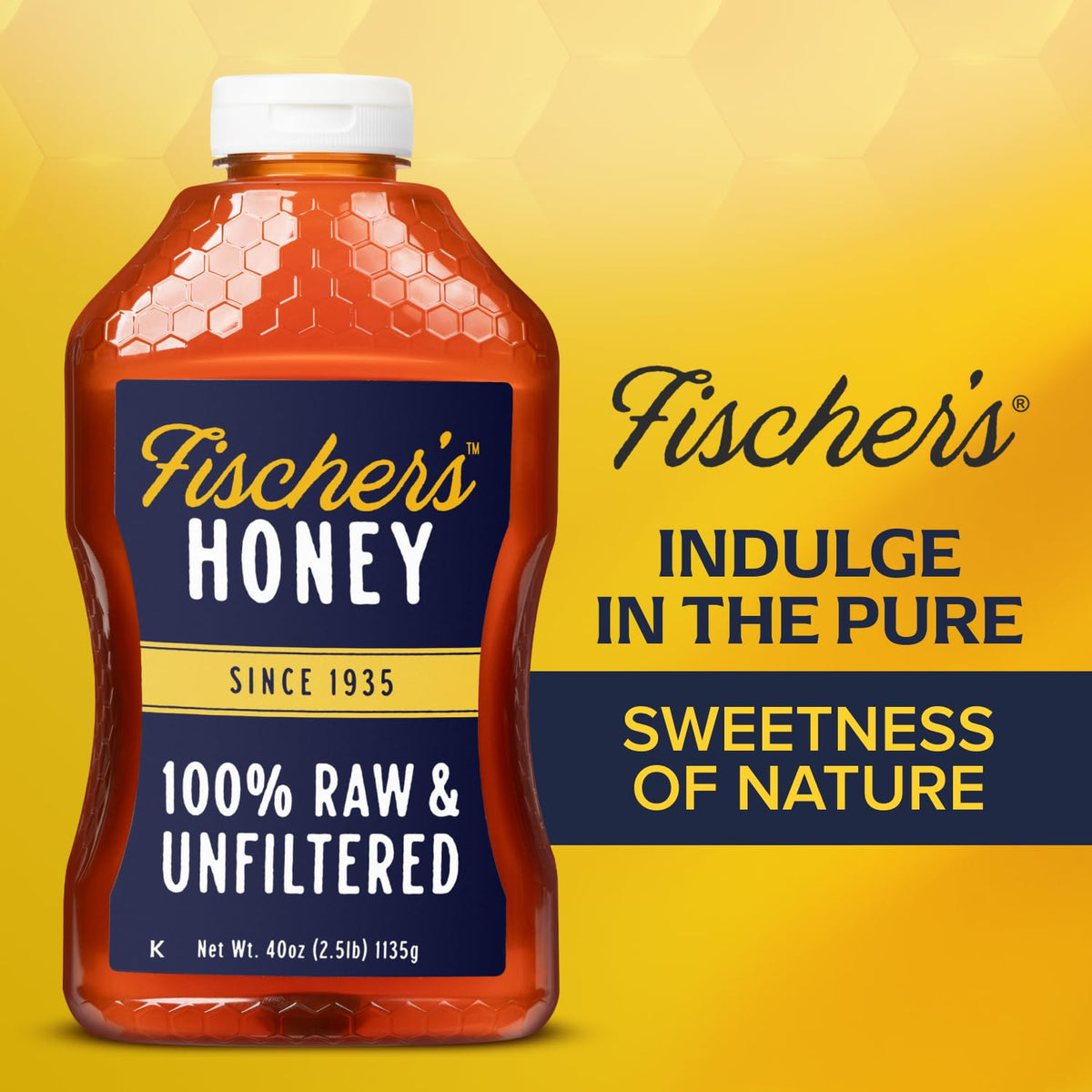 Fischer's honey pouring over fresh fruit for natural sweetness