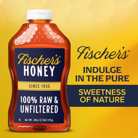 Fischer's honey pouring over fresh fruit for natural sweetness