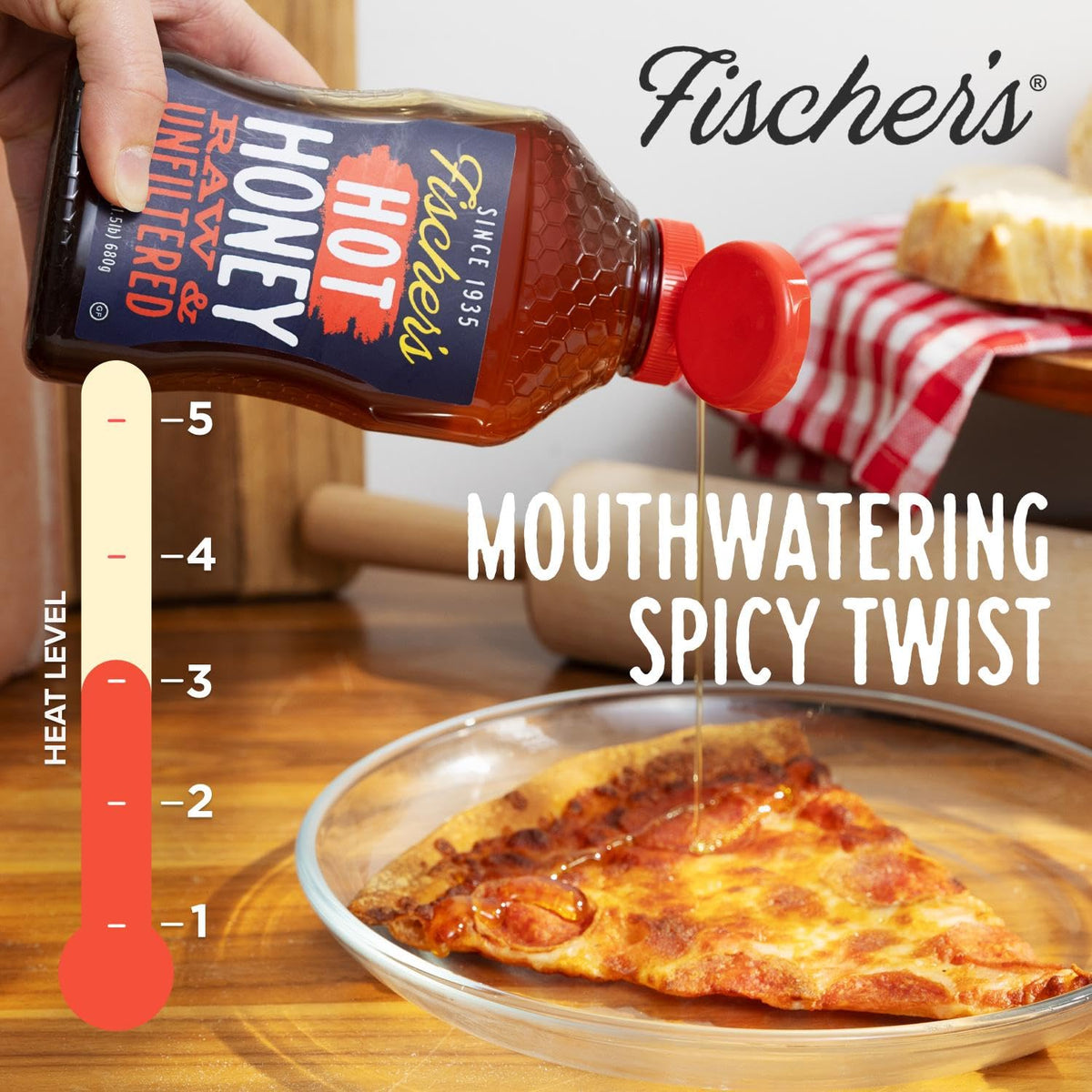 Fischer's Hot Honey glaze on pizza delivers bold sweetness and kick