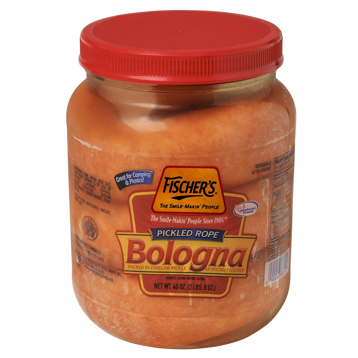 Fischer's Pickled Rope Bologna slices offer tangy flavor for sandwiches and outdoor picnics.