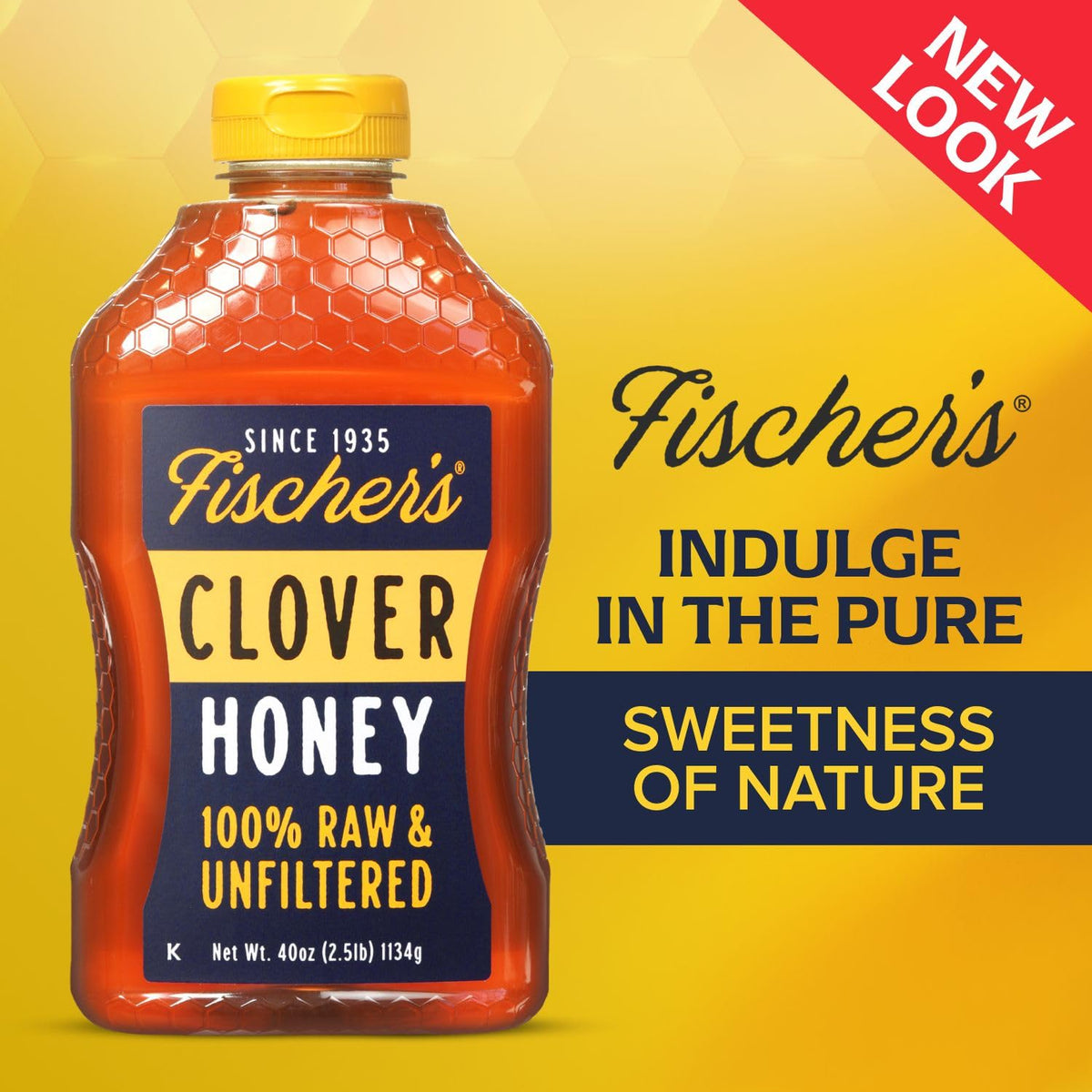 Fischer's Clover Honey closeup on label shows pure, raw quality.