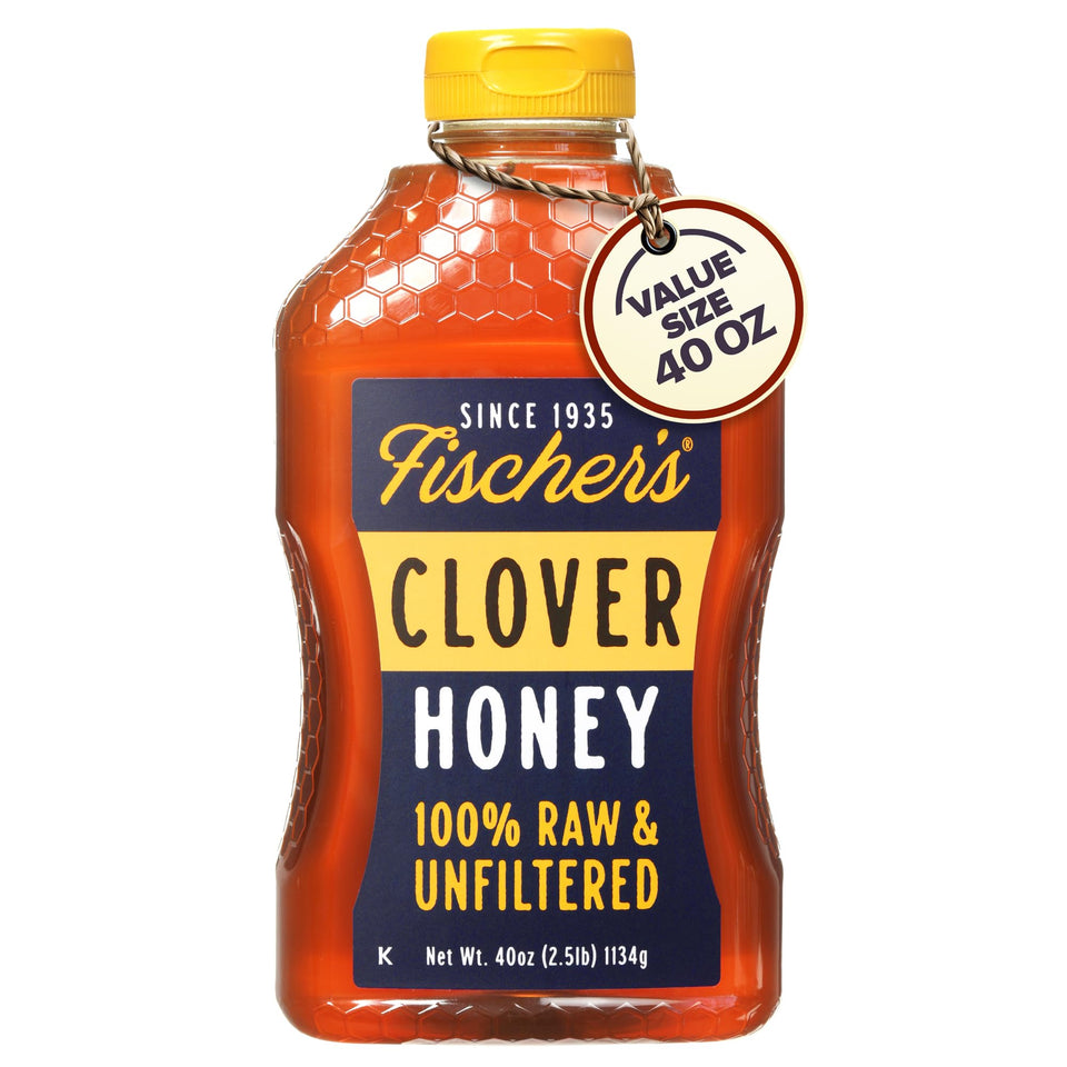 Fischer's Clover Honey 40oz pour in tea—natural sweetener.