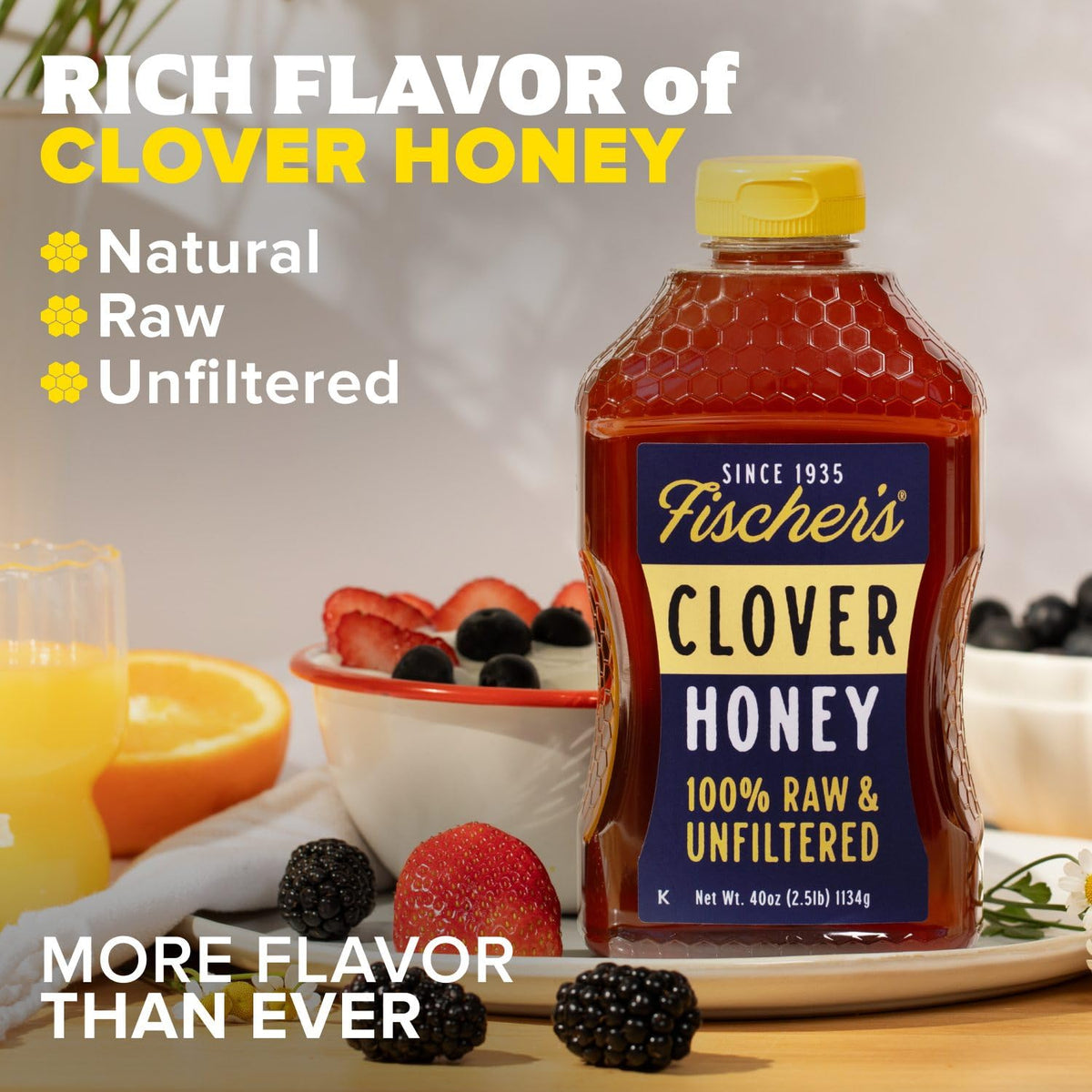 Fischer's Clover Honey yogurt topping adds natural flavor boost.