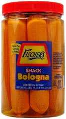 Fischer's Snack Bologna 22oz jar ready for camping and outdoor snacking.