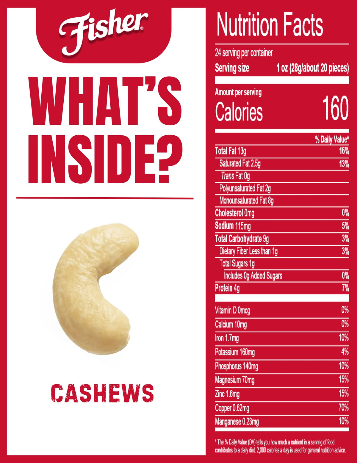 Close-up of Fisher cashews highlighting crunchy texture and natural flavor.