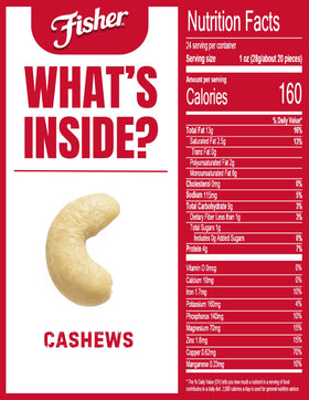 Close-up of Fisher cashews highlighting crunchy texture and natural flavor.