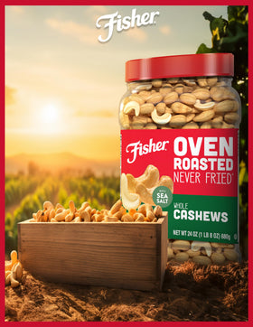 Fisher pantry canister keeps protein-rich bites ready on shelf.