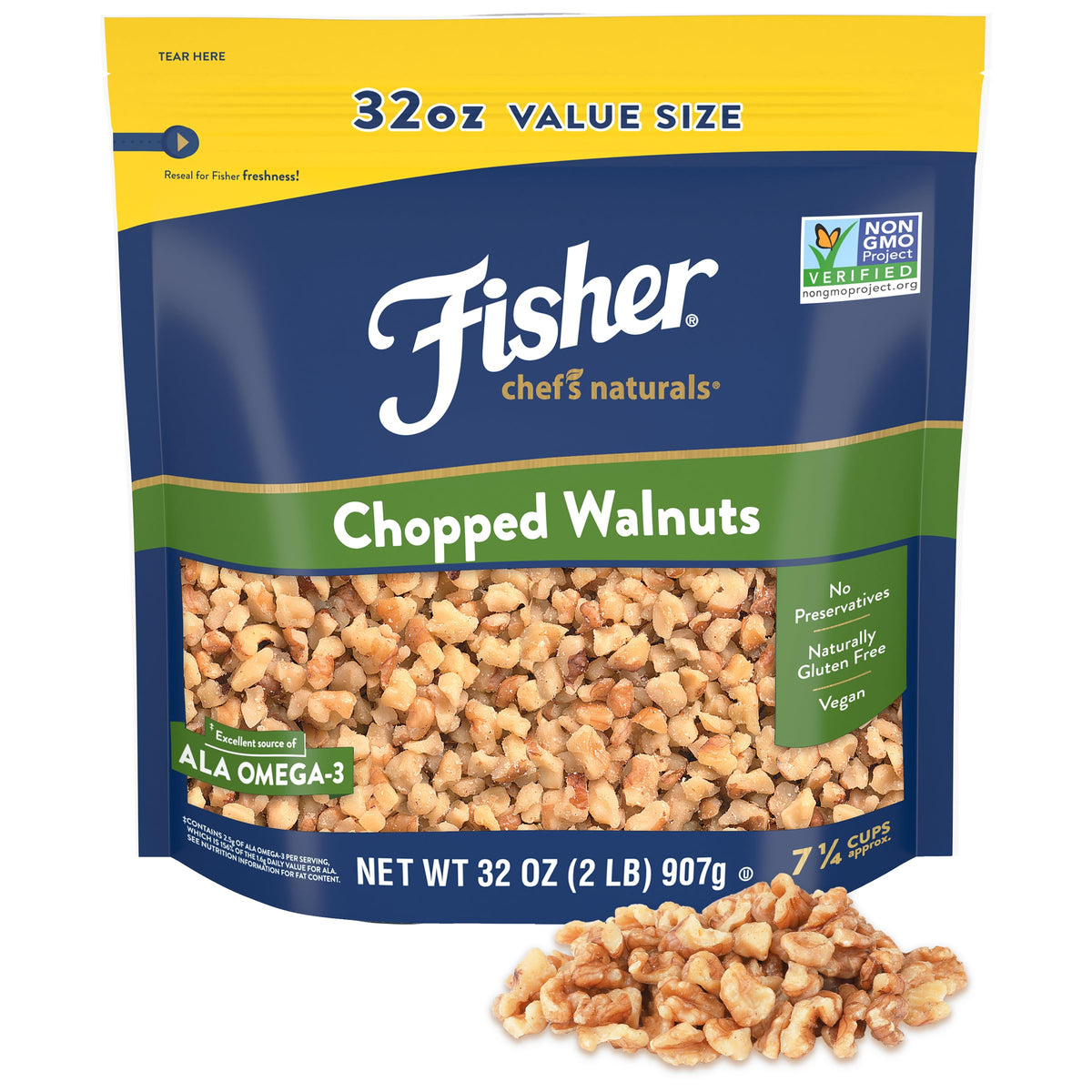 Fisher Chef's Naturals chopped walnuts in a resealable bag, fresh for on-the-go use.