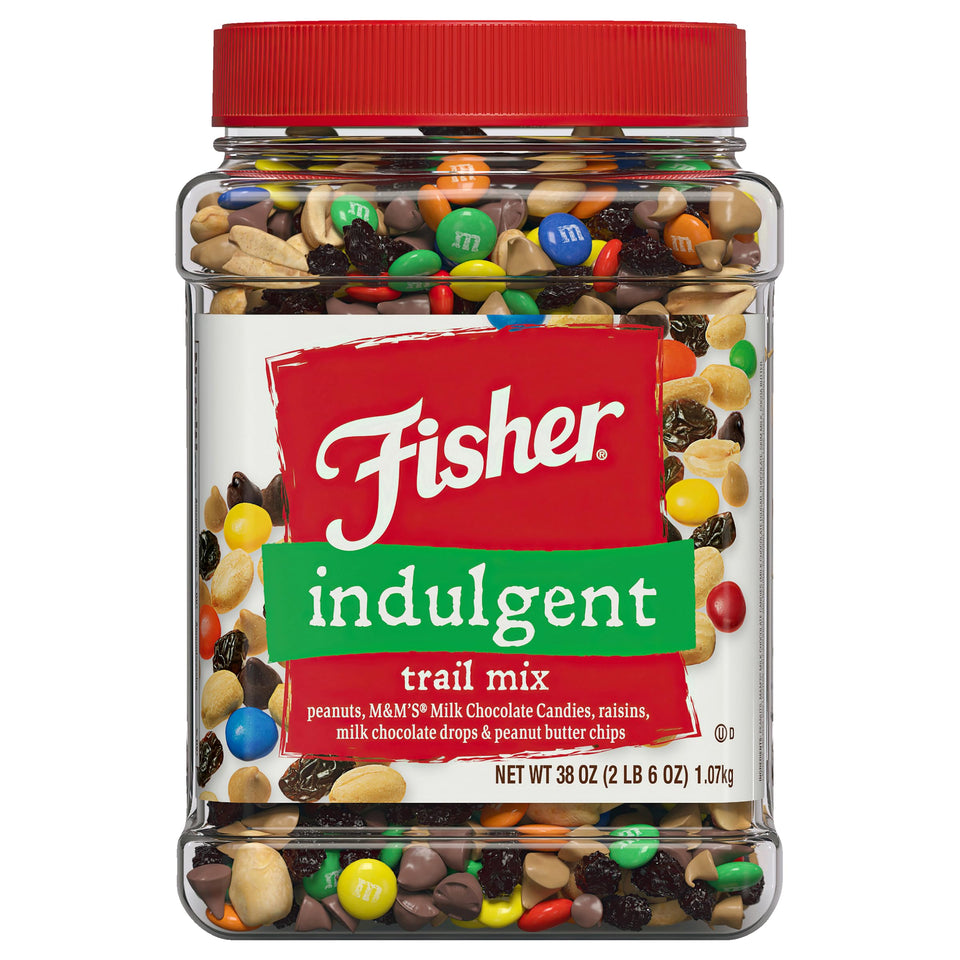 Fisher Chef's Naturals Indulgent Trail Mix canister ready for snacking anywhere