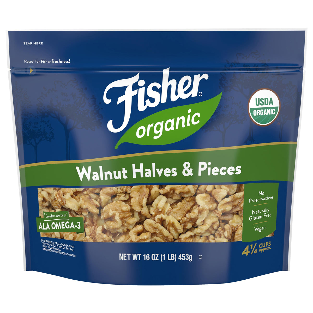 Fisher Chef's Naturals organic walnut halves and pieces in resealable bag for snacking and cooking.