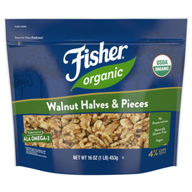 Fisher Chef's Naturals organic walnut halves and pieces in resealable bag for snacking and cooking.