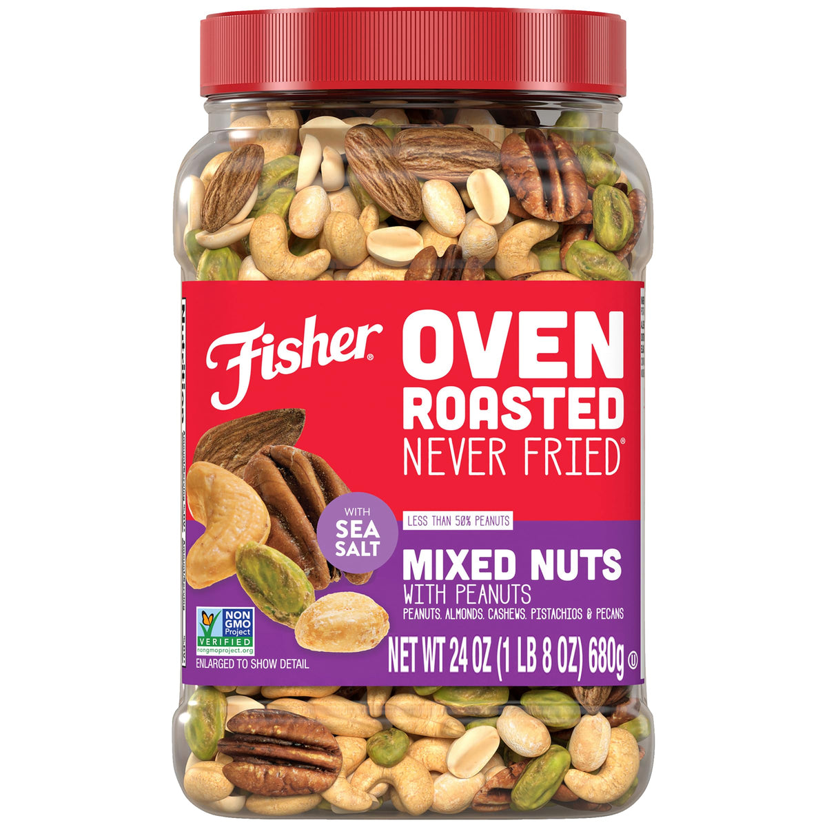 Fisher Chef's Naturals oven-roasted never fried mixed nuts canister on kitchen shelf for quick snacking