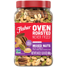 Fisher Chef's Naturals oven-roasted never fried mixed nuts canister on kitchen shelf for quick snacking