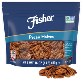 Fisher Chef's Naturals pecan halves in bag for fresh snacking and cooking