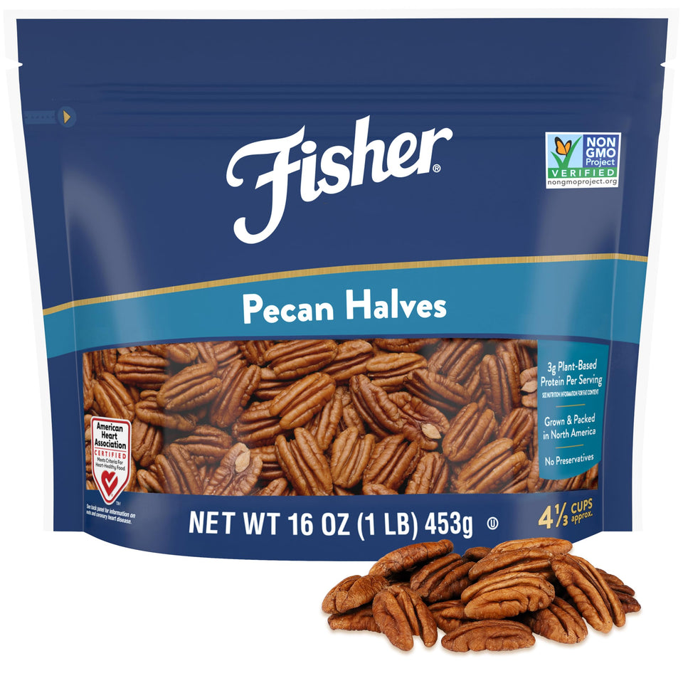 Fisher Chef's Naturals pecan halves in bag for fresh snacking and cooking