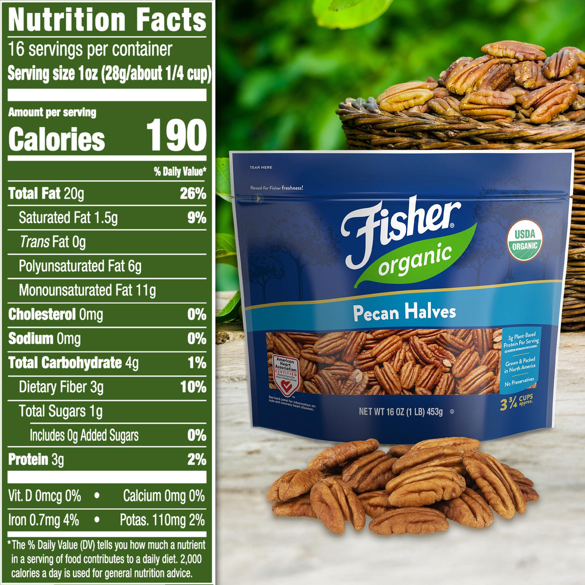 Close-up of Fisher Organic Pecans Halves reveals rich, buttery texture and fresh flavor.